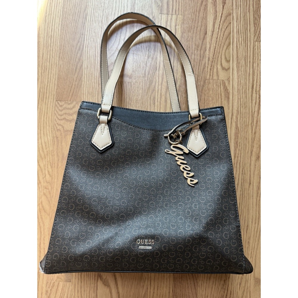 Guess Brown Monogram Tote Bag Logo Shoulder Purse Handbag